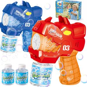 TOY Life Dinosaur Bubble Guns for Kids Ages 4-8, 2 Pack Automatic Bubble Blaster Gun for Toddlers 1-3, Battery Operated Bubble Machine Toys for Boys Girls Dinosaur Bubble Blower (Red & Blue)