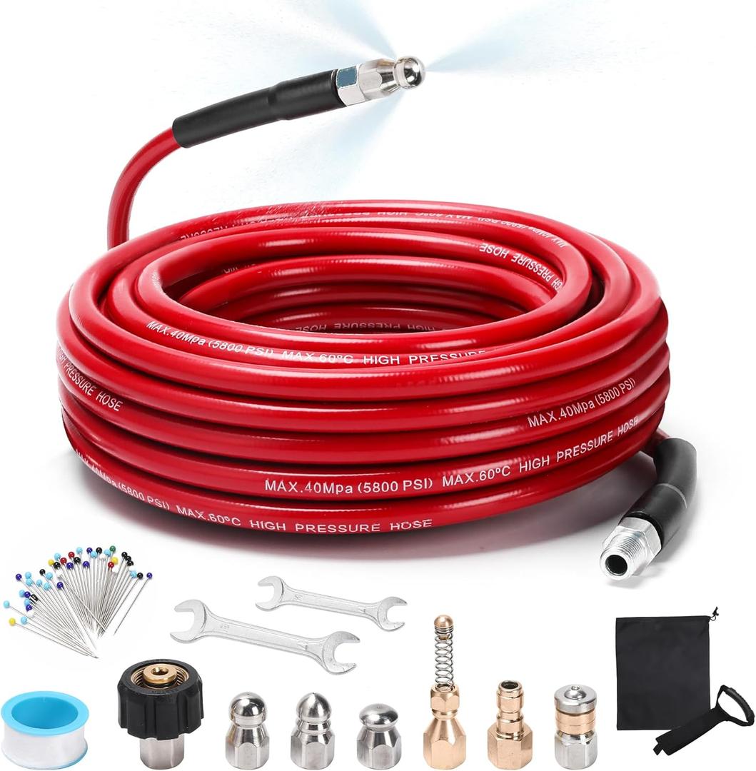 Sewer Jetter Kit for Pressure Washer, 50FT 5800 PSI Drain Cleaner Hose with 1/4" NPT Corner, Rotating and Button Hose Sewer Jetting Nozzle, Waterproof Tape, Pearl Corsage Pin, Spanner, Glove