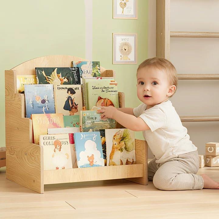 NACHES Wooden 4 Tier Mini Montessori Bookshelf, 12 inch Small Front Facing Kids Bookshelf Book Display Shelf, Toddler Bookcase Postcard Book for Nursery, Natural