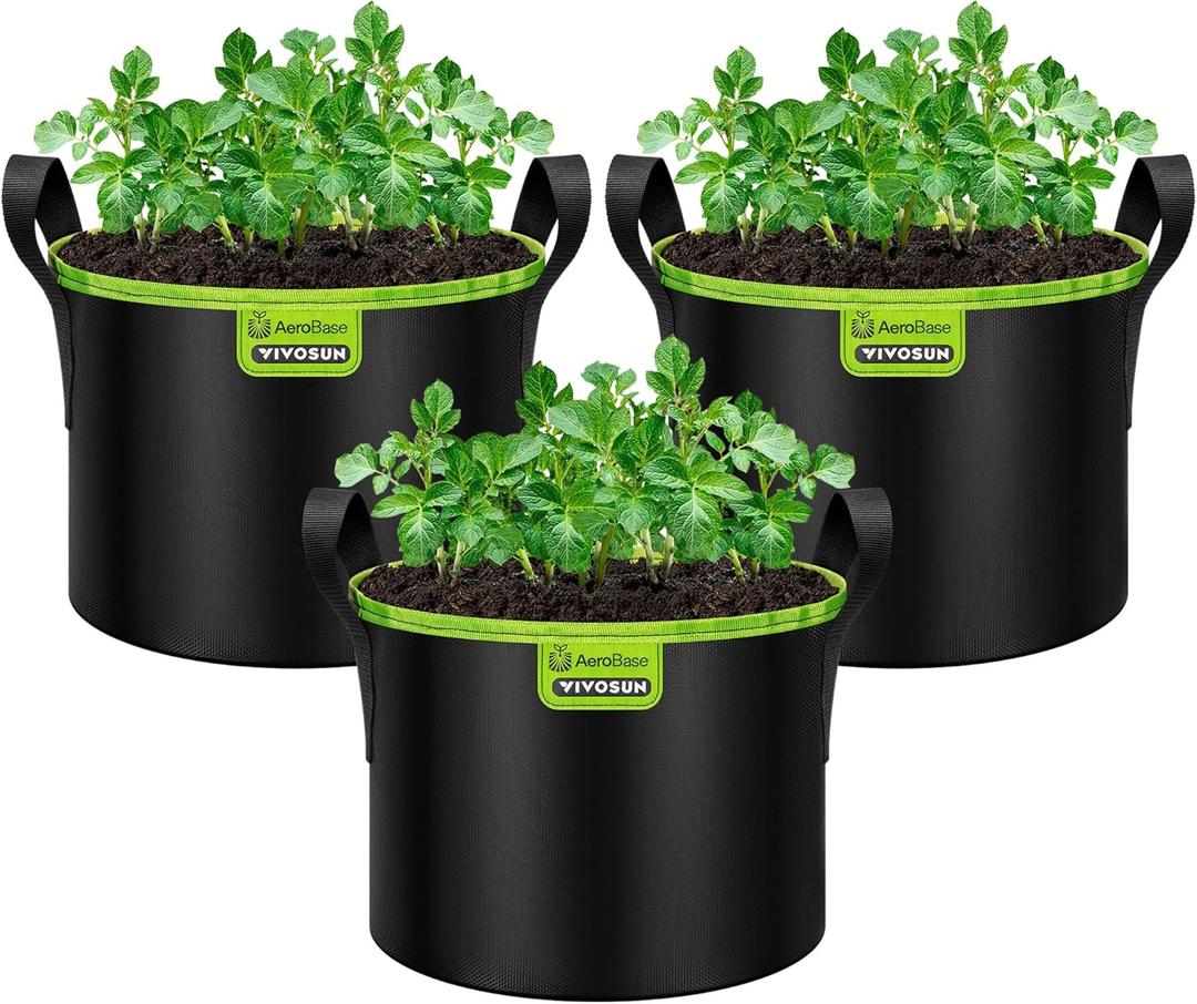 VIVOSUN 3-Pack 5-Gallon AeroBase Grow Bags, Durable Mesh Fabric Plant Container with Breathable Base and Sturdy Handles, Black