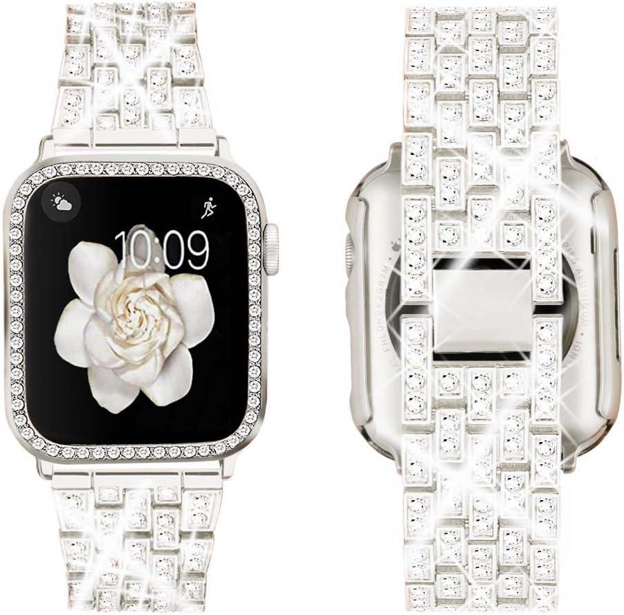 Supoix Compatible with Apple Watch Band 38mm 40mm 41mm 42mm 44mm 45mm 46mm 49mm+ Case, Women Jewelry Bling Diamond Rhinestone Replacement Metal Bands & 2 Pack PC Protector Case for iWatch Ultra 2/ Ultra Series 10/9/8/7/6/5/4/3/2/1/SE (41mm (Series 9/8/7), Starlight)
