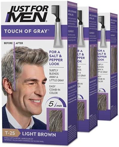 Just For Men Touch of Gray, Gray Hair Coloring Kit for Men with Comb Applicator for Easy Application, Great for a Salt and Pepper Look - Light Brown, T-25, Pack of 3