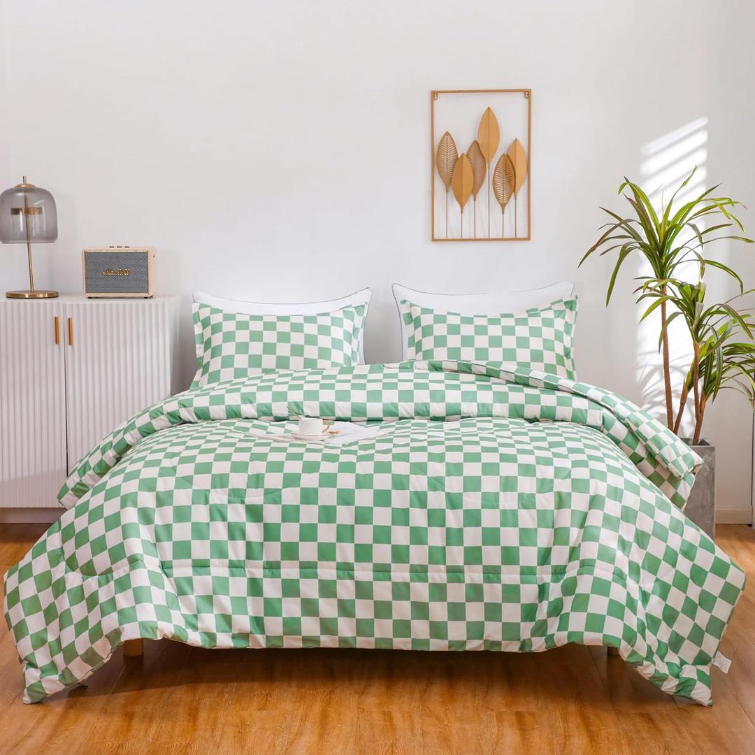 LUCKYBULL Comforter Set Twin Bedding Set Fluffy Sage Green Checkerboard Grid Down Alternative Comforter, Plaid Checkered Soft Textured Comforter with 1 Pillowcase All Seasons, Green Beige 2 Piece