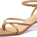 Coutgo Womens Strappy Low Kitten Heels Sandals Open Square Toe Flip Flop Summer Dress Party Shoes (Beige)