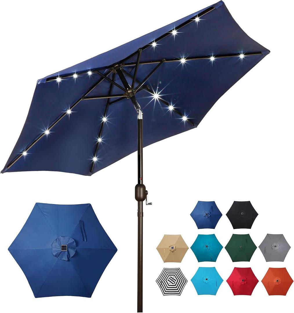 Blissun 7.5 ft Solar Umbrella, 18 LED Lighted Patio Umbrella, Table Market Umbrella, Blue