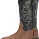 Rollda Kids Cowboy Boots for Boys Girls Western Square Toe Cowgirl Boots with Walking Heel, 5 Big Kid, Black/Tan