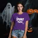 Halloween Shirts for Women Spooky Mama T-Shirt Funny Leopard Cobwebs Crewneck Tee (Purple, S)