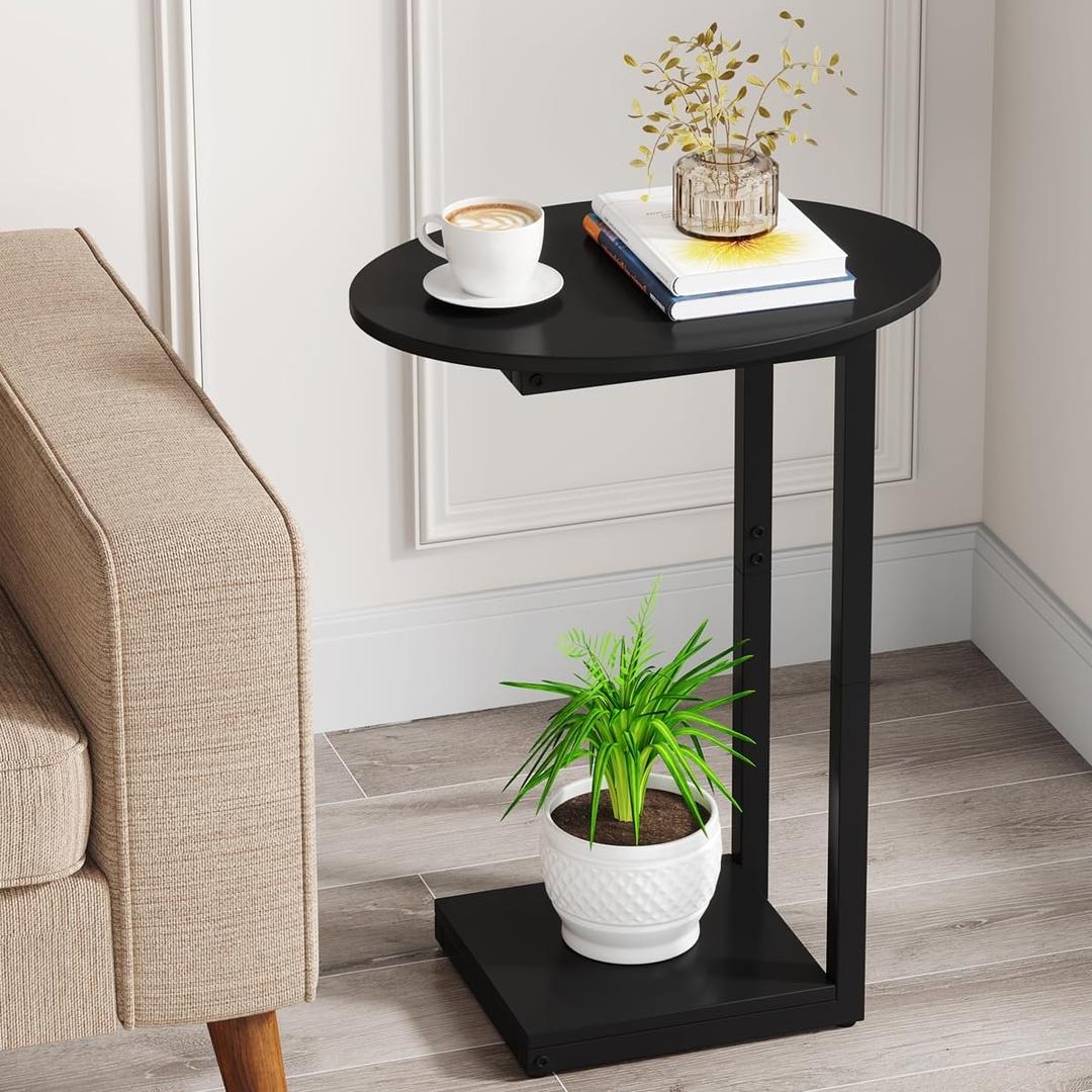 Hosfais Small Side Table End Table, C-Shaped Wood Coffee Table TV Tray for Eating Couch Tables for Small Space, Living Room, (Black)