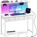 MUTUN Computer Desk with Drawers, 40 Inch Computer Desk with Power Outlet & LED Light, Gaming Desk with Adjustable Monitor Stand & Pegboard, Modern PC Study Writing Table for Bedroom, White