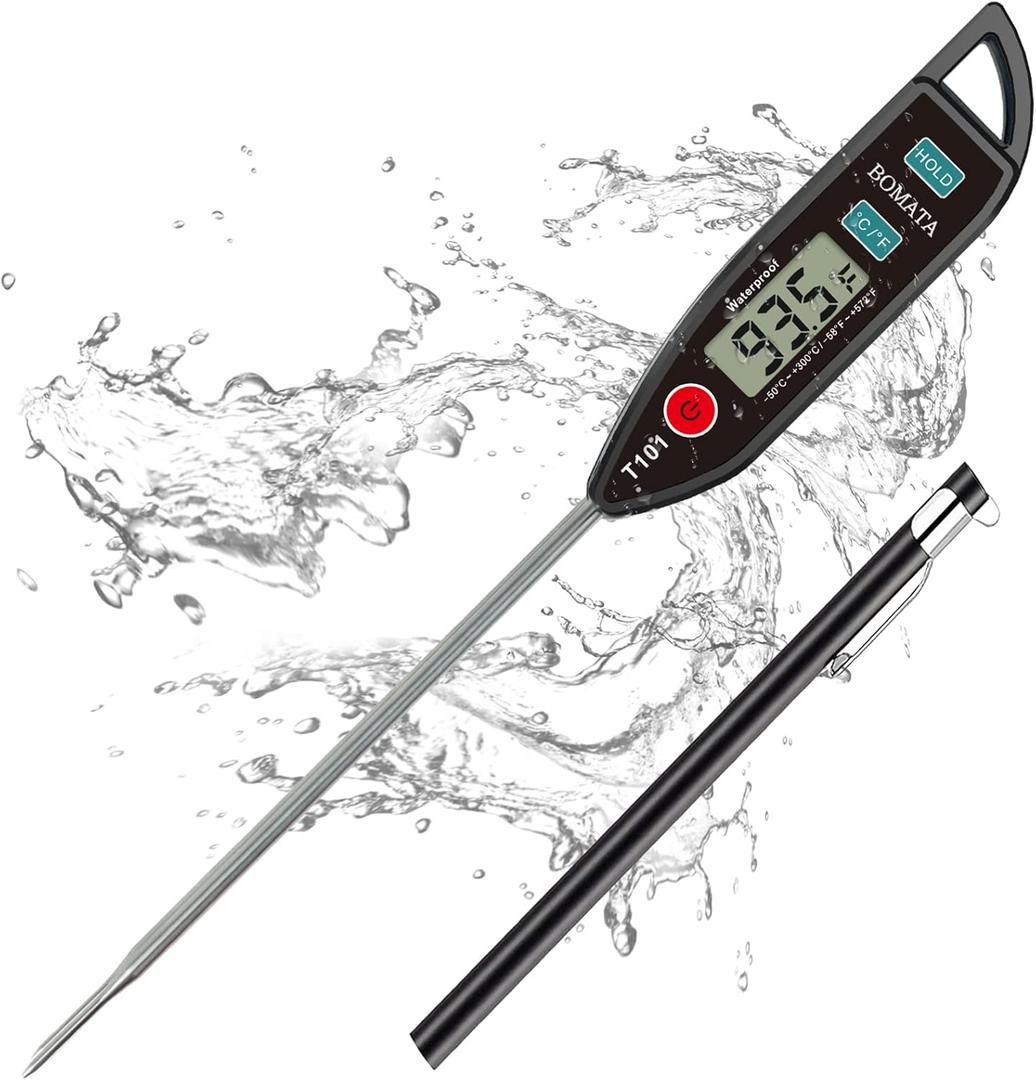 BOMATA Digital Water Thermometer for Water, Liquid, Candle and Cooking. Instant Read Food Thermometer Waterproof IPX7 with Long Probe for Cooking, Meat, BBQ! T101 (Black Color)