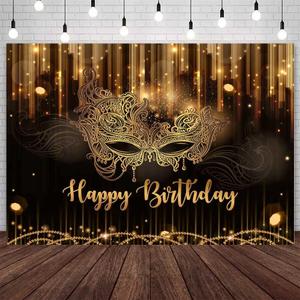 7x5ft Happy Birthday Backdrop Masquerade Mask Party Decorations Supplies Carnival Birthday Dancing Party Banner Black Gold Glitter Birthday Party Photo Shoot Prop