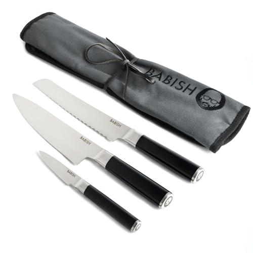 German High-Carbon Steel Cutlery 3-Piece (Chef Knife Bread Pairing Knife) W/Knife Roll Black Stainless 4 Piece