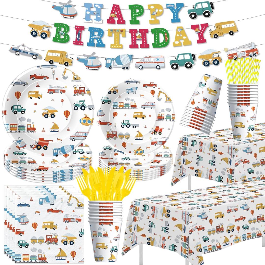 Transportation Birthday Decorations, Traffic Transportation Party Supplies Tableware, Plate, Napkin, Cup, Cutlery, Tablecloth, Banner, Truck Car Construction Vehicle Party Decorations, Serve 24