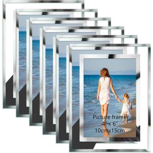 Hoikwo Bulk 4x6 Simple Elegant Picture Frames, 6 Packs Silver Photo Frames 4 by 6, Glass Wedding Frames 4x6, Clear Mirror Wedding Photo Frames, Only for Tabletop Display Vertically or Horizontally