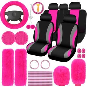 ROCEEI  Pcs Car Seat Cover Full Set for Women Christmas Fuzzy Car Accessories Fluffy Steering Wheel Cover Front Rear & Belt Handbrake Shift Accessory for Winter (Rose Red)