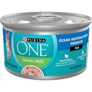 Purina ONE High Protein Grain Free Wet Cat Food Pate, 12 Pack 3 oz Cans High protein, moisture rich, ocean whitefish pate recipe made with no artificial colors, flavors or preservatives EXP: 03/2028