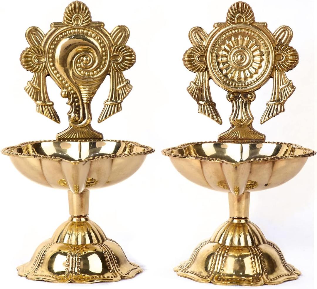 SATVIK 2 Pc Pair of Brass Designer Shankh Chakra Diya Traditional Indian Festive Diwali Puja Pooja Mandir Home Temple Oil Lamp Dia Indian Housewarming Return Gift Items