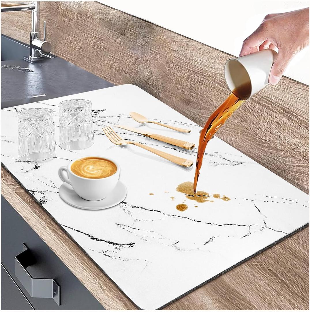 White Dish Drying Mat, 24"x16" Dish Draining Mat with Non-slip Rubber Backed, Absorbent Heat Resistant Dish Drying Mats for Kitchen Counter, Easy to Clean Coffee Machine Mats (White)