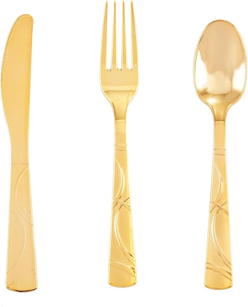 WELLIFE 120Pcs Gold Plastic Cutlery Set - Gold Plastic Silverware Disposable Cutlery Dinnerware, Includes:40 Gold Forks, 40 Gold Spoons, 40 Gold Knives, Perfect for Party