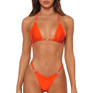 Sexy Bikinis for Women 2 Piece Bikini Spaghetti Strap Swimsuits Solid Color Bathing Swimwear Triangle Bathing Suit (Medium, Orange)