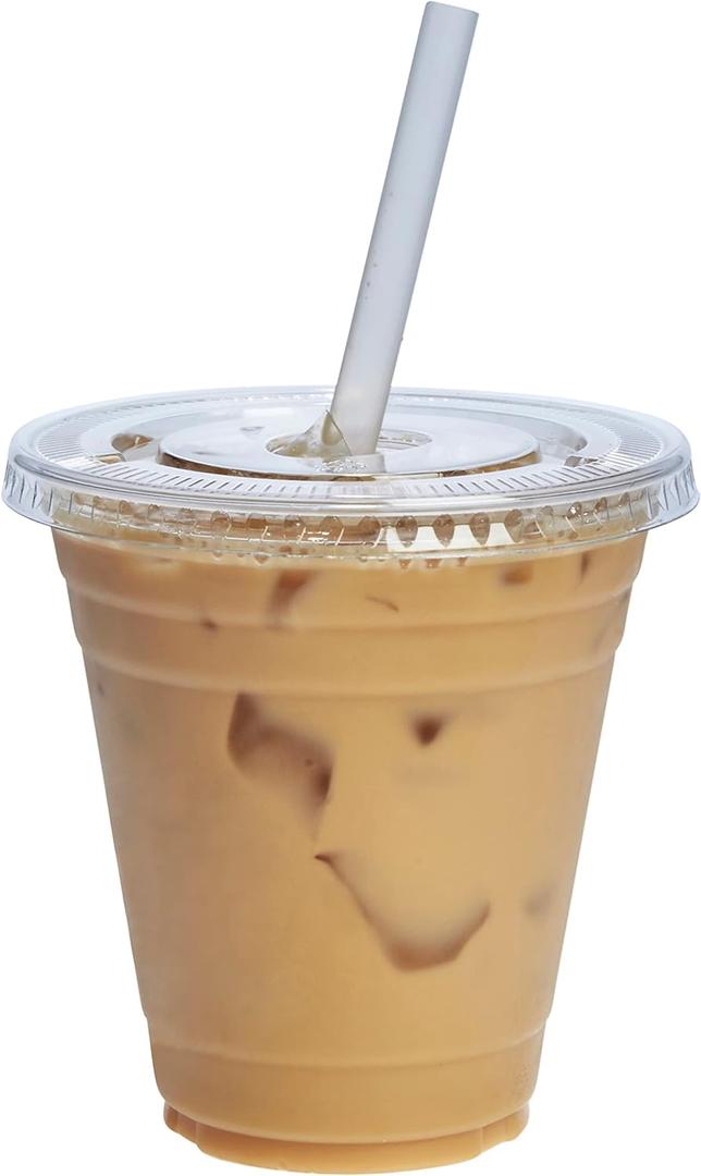 GUSTO Clear Plastic Cups with Flat Lids [12 oz - 100 Count] - Disposable Iced Coffee Cups with Lids - PET Plastic Cold Cups for Smoothies, Juices & To-Go Drinks - Formerly Comfy Package