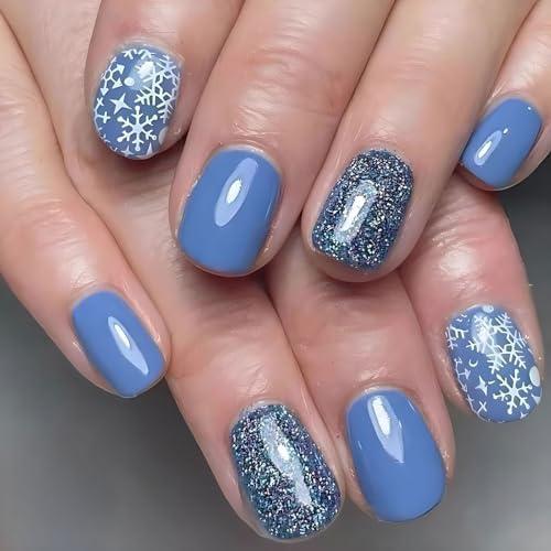 Christmas Press on Nails Short Square SWEKKE Blue Fake Nails False Nails with Designs Snowflake Stars Glitter Full Cover Glossy Glue on Nails Acrylic Nails for Women Girls 24 Pcs Pack of 5