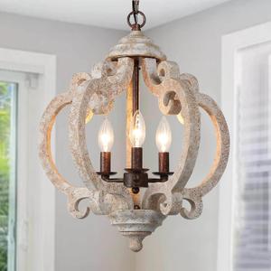 Farmhouse Wood Chandelier, 3-Light Rustic Orb Pendant Lights Kitchen Island, 15.5'' Distressed Wood Cottage Chandeliers Hanging Light Fixture for Dining & Living Room, Bedrooms, Foyer, 15.5'' D x 19'' H