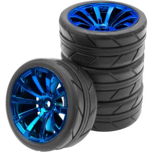 ShareGoo OD 2.55" Rubber Tires w/Plastic Wheel Rims 12mm Hex Compatible with HSP Tamiya Kyosho Traxxas Sakura WLtoys 1/10 RC On Road Racing Touring Car (Blue)
