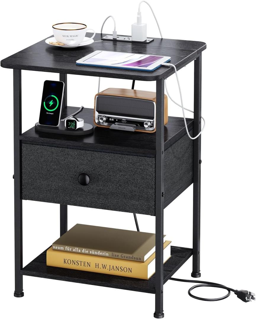 Nightstand with Charging Station, Bedside Table with Round Corner Design, Night Stand with Adjustable Fabric Drawer, Side Table End Table for Bedroom, Living Room NEF-NS-BK-1 (Black+black)