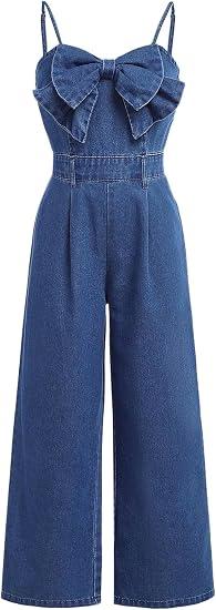 Floerns Girl's Bowknot Sleeveless Overall Denim Jumpsuit Kids Baggy Jeans | Cute, Spaghetti Strap, Dressy Casual, Loose Jeans, 11Y