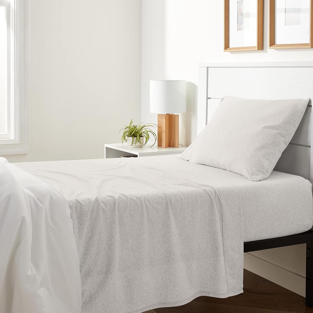 Amazon Basics 3 Piece Breathable, Stretchy 100% Cotton Jersey Knit Bed Sheet Set, Includes Flat and Fitted Sheets, Pillowcase, Light Weight, Machine Washable, Twin, Oatmeal, Solid
