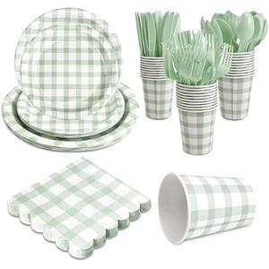 Gingham Party Supplies for 24 Guests Thick Paper Plates and Napkins Knives Spoons Forks Cups Disposable Party Set Cutlery for Dinner Baby Shower Wedding Favor (Sage Green)