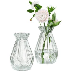 MyGift Small Glass Bud Vase, 5 Inch Decorative Flower Vases, Mini Vintage Style Centerpiece Vases with Diamond Faceted Design, Set of 2