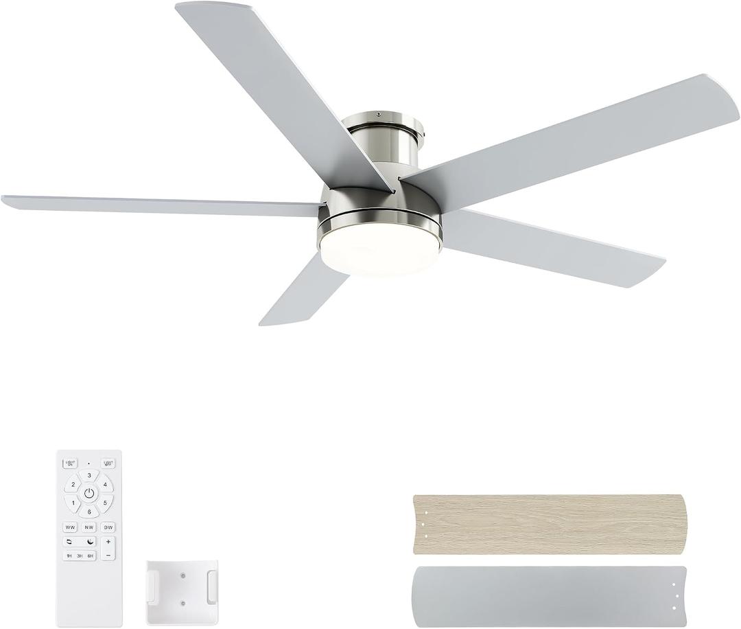 52 Inch Brushed Nickel Ceiling Fan with Light, Flush Mount and Remote Control, Dimmable 3-Color Temperature LED, 6-Speed Reversible DC Motor, 5-Blade Modern Design for Indoor or Outdoor