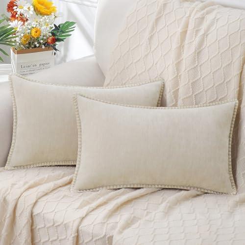 decorUhome Chenille Soft Throw Pillow Covers 12x20 Set of 2, Lumbar Velvet Farmhouse Neutral Decorative Pillow Covers with Stitched Edge for Couch Sofa Bed Home Decor, Beige