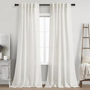 Nanspring Beige White Linen Curtains 96 Inches Long for Living Room Privacy Light Filtering Semi Sheer Curtain Back Tab and Rod Pocket Coastal Decor Drapes for Bedroom Dinner 40 X 96, 2 Panels