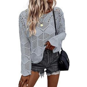 Allimy Womens Fashion Long Sleeve Hollow Out Crochet Crewneck Pointelle Knitted Top Blouses Pullovers Light Grey XXL