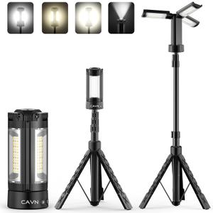 CAVN Rechargeable Camping Lights with Stand 6.5 ft Max Height, Portable Cordless LED Work Light 2200 Lumens 6500/4500/3500K Dimmable Camping Essentials Gear with Detachable Tripod, Black