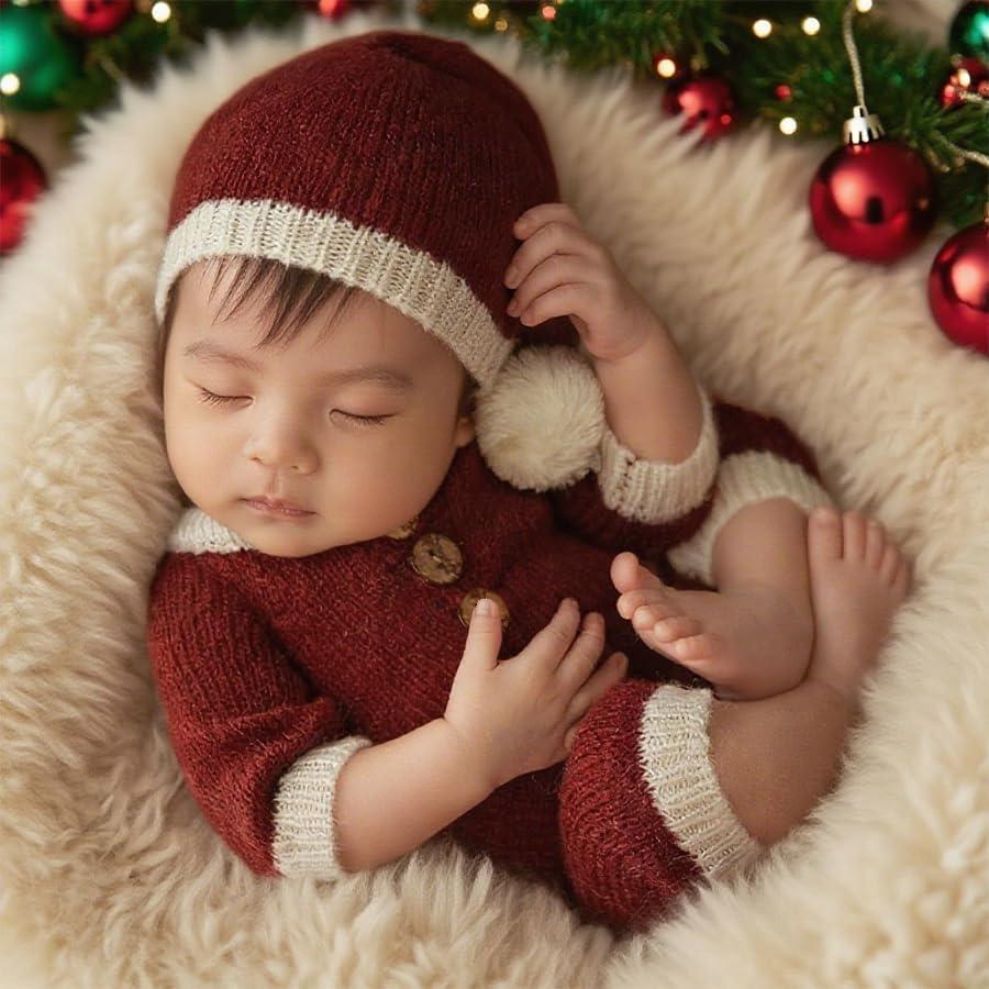 Christmas Newborn Photography Outfits Girls Boy Santa Claus Rompers Crochet Knit Set Newborn Girl Boy Photoshoot Outfits Costume Set