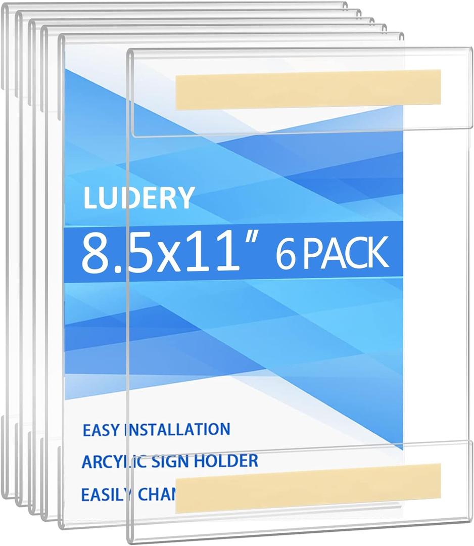 Acrylic Sign Holder 8.5 x 11 Wall Mount, Wall Mount Sign Holders, Clear Acrylic Frame with 3M Tape Adhesive, Plastic Wall Sign Holder for Office, Home, Restaurant-Vertical (6 Pack)