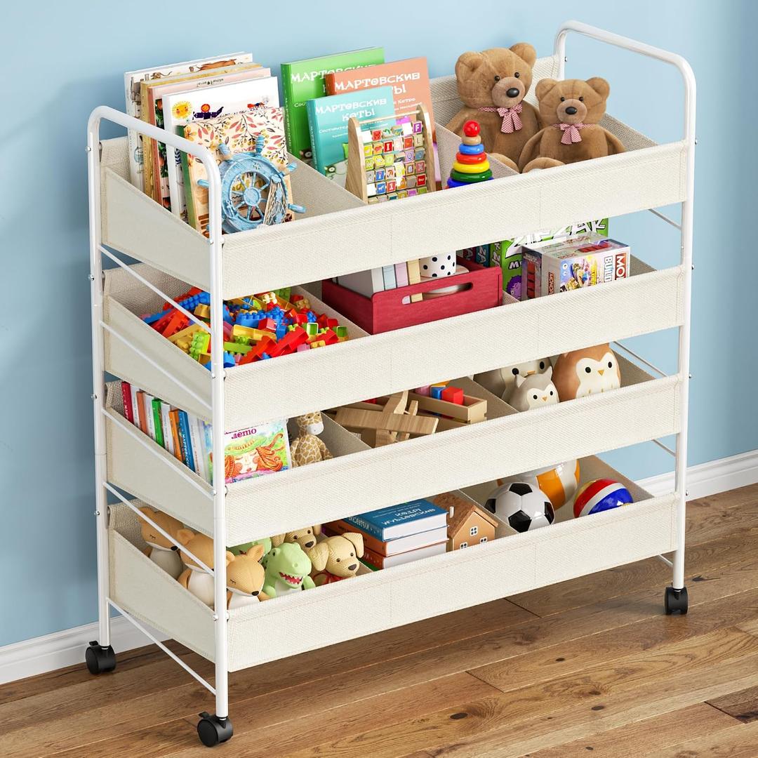 Toy Storage Organizer with Wheels, 4 Shelves & 12 Cubbies for Kids
