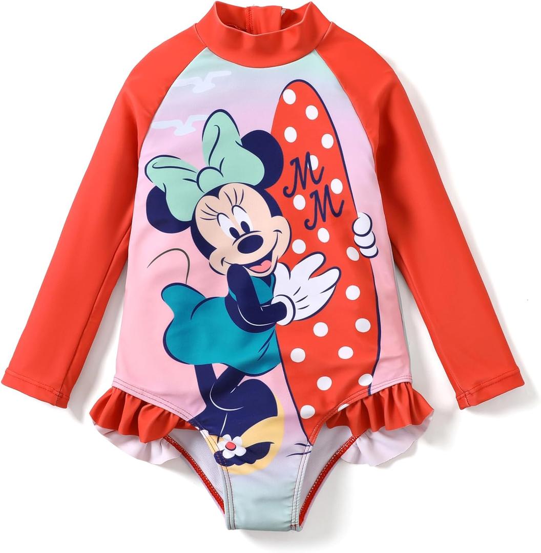 Disney Princess Frozen Elsa Minnie Stitch One Piece Swimsuit Rashguard Bathing Suit UPF 50+Toddler Girl Long Sleeve Swimwear (6-7 Years, Minnie Mouse-red)