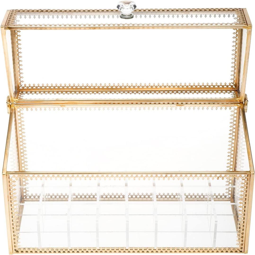 HighFree 24 Slots Glass Lipstick Organizer - Gold Vintage Transparent Display Box With Lid & Removable Dividers for Lip Gloss