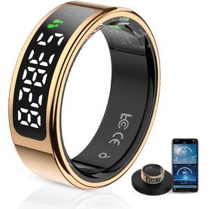 Unisex Smart Ring with LED Display, Touch Controls, and Charging Case - Tracks Activity, Sleep, Heart Rate, and Blood Oxygen, IP68 Waterproof (Gold, #9)