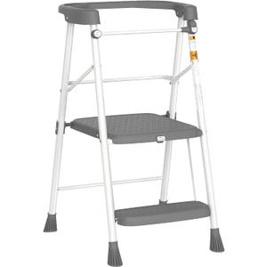 HBTower Kids 2 Steps Step Stool, Toddler Tower for Kitchen Counter Learning, Toddler Kitchen Stool Helper with Anti-Drop Safty Railing Kids Standing Folding Stepper(Gray)