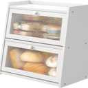 White Bread Box for Kitchen Counter, Large Bread Box With Cutting Board, Bamboo Wood Large Capacity Bread Storage Bin with Acrylic Wavy Door Panel
