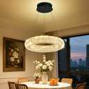 Modern Ring Crystal Chandelier with Remote Control Dimmable LED Ring Pendant Light Round Chrome Crystal Chandelier Light Fixtures for Dining Room Living Room15.7in Black