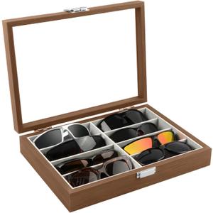 Homeanda Wooden Eyeglasses Case 8 Grids Sun Glasses Holder Eyewear Organizer Glasses Case Tray Glasses Display Showcase Organizer with Cover Christmas Gift for Men and Women