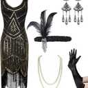 Coucoland Womens 1920s Flapper Sequin Beads Dress with Roaring 20s Gatsby Accessories Set for Party (XX-Large, Black & Gold)