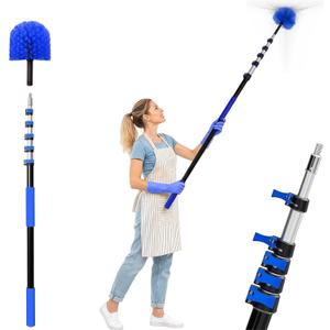 30 FT Reach Cobweb Duster with Extension Pole, Spider Web Brush with 5-24FT Telescoping Extension Pole, Non-Shedding Fluffy Bristles, Effortlessly Cleans High Indoor & Outdoor Webs